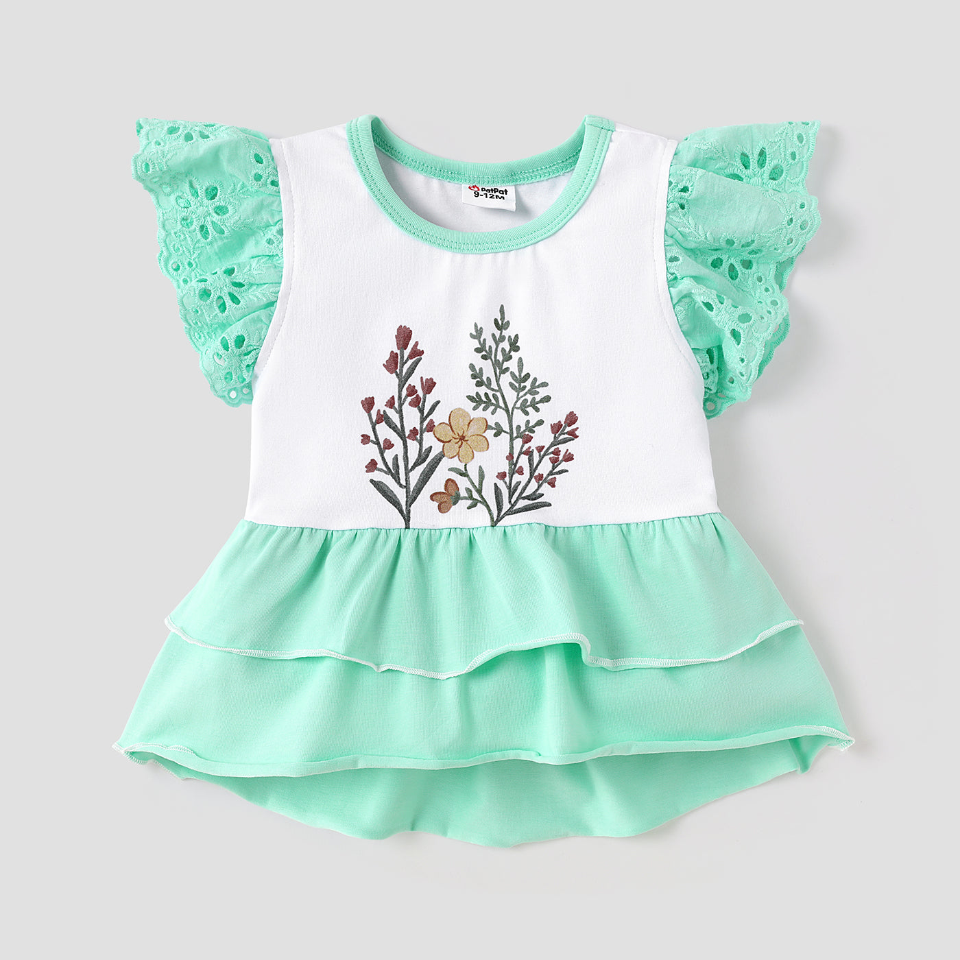 Baby Girl Cotton Floral Print Flutter-sleeve Layered Hem Tee