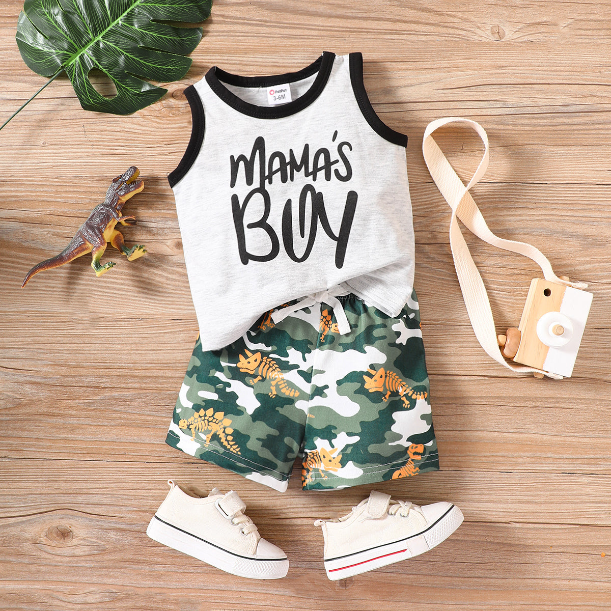 2pcs Baby Boy Letter Print Tank Top and Camouflage Shorts Set