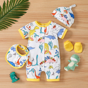 3pcs Baby Boy/Girl Allover Colorful Dinosaur Print Short-sleeve Romper and Bib & Hat Set