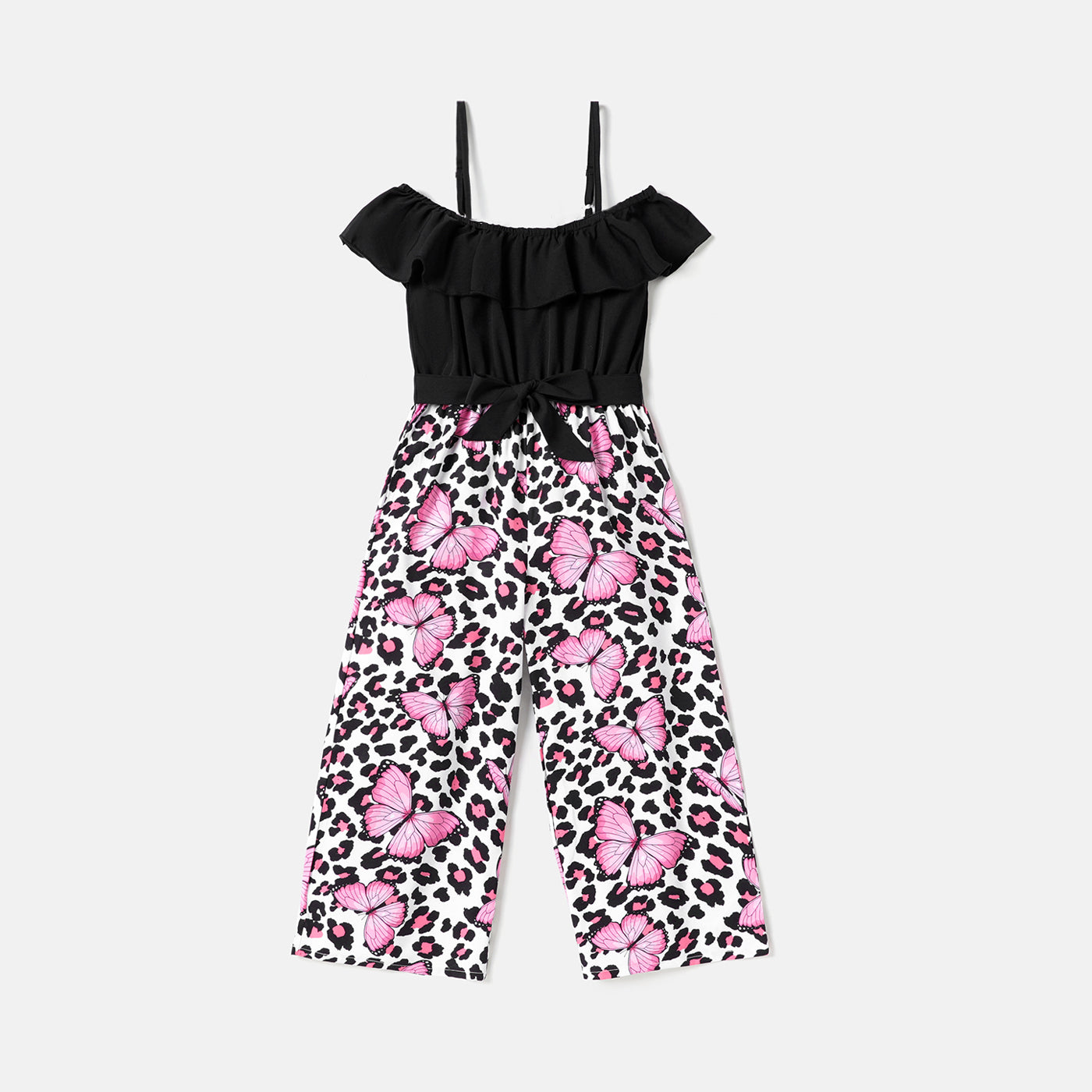 Kid Girl Leopard & Butterfly Print Panel Belted Ruffled Slip Jumpsuit