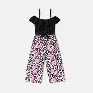 Kid Girl Leopard & Butterfly Print Panel Belted Ruffled Slip Jumpsuit