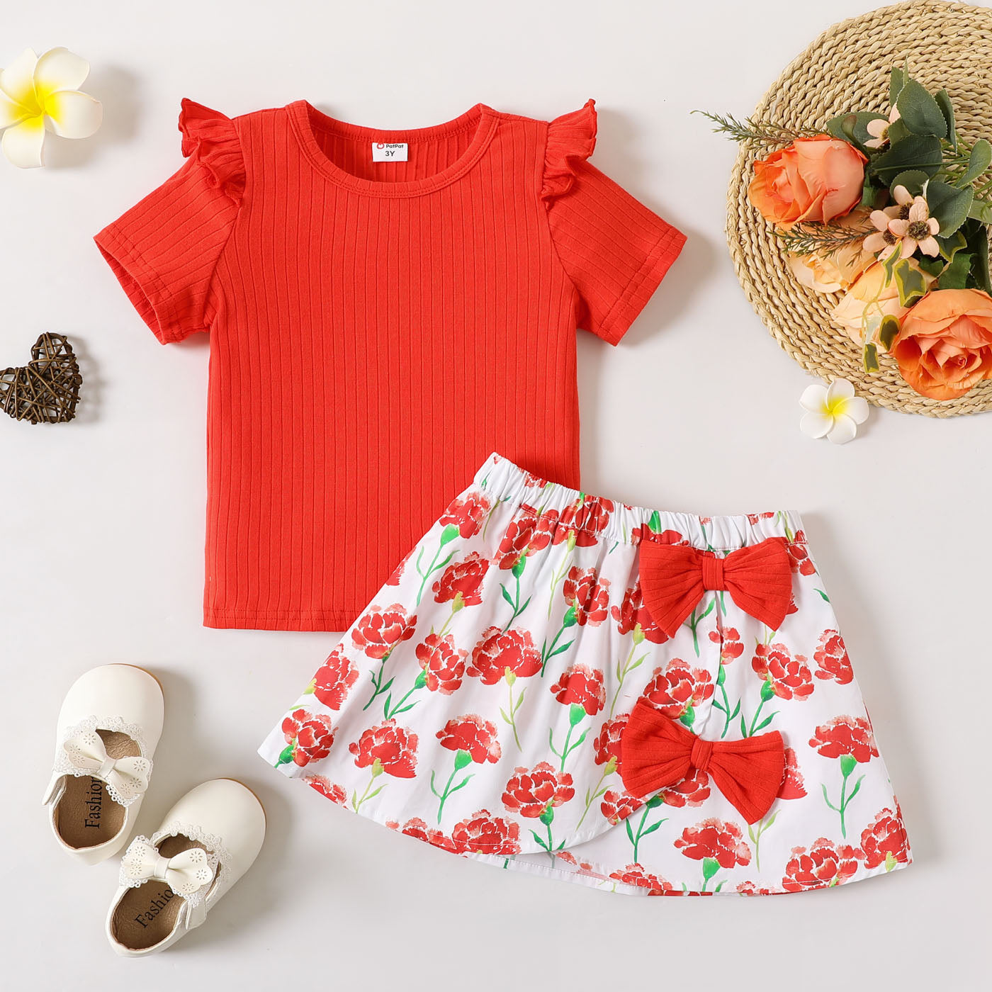 2pcs Toddler Girl Ruffled Short-sleeve Cotton Tee and Bowknot Design Floral Print Skirt Set