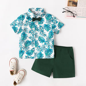 2Pcs Toddler Boy Tropical Plant Print Short-sleeve Bow Tie Shirt and Shorts Set