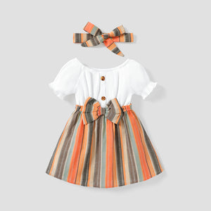 2pcs Baby Girl Solid & Striped Spliced Bow Front Short-sleeve Dress with Headband Set