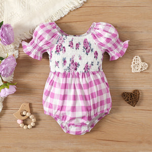 Baby Girl Plaid Puff-sleeve Spliced Floral Print Shirred Romper