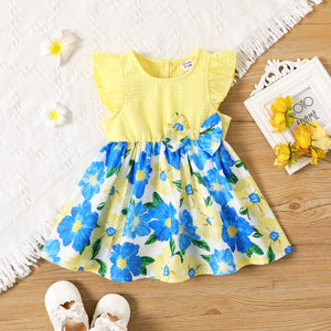 Baby Girl Floral Print Spliced Solid Textured Flutter-sleeve Dress
