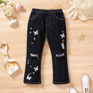 Toddler Girl Trendy Butterfly Pattern Cotton Ripped Elasticized Jeans