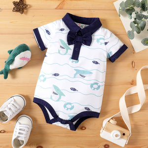 Baby Boy 100% Cotton Bow Tie Decor Allover Shark Print Contrast Collar Short-sleeve Romper