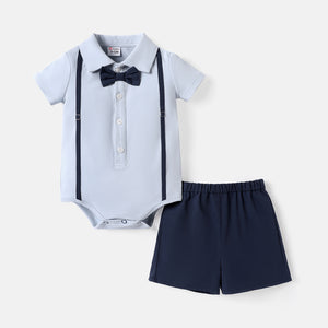 2pcs Baby Boy 100% Cotton Suspender Shorts and Bow Tie Decor Short-sleeve Shirt Romper Set