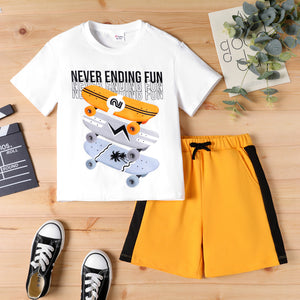 2Pcs Kid Boy Skateboard Print Short-sleeve Tee and Solid Shorts Set