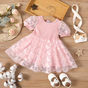Baby Girl Allover Pink Butterfly Appliques Design Mesh Puff-sleeve Dress