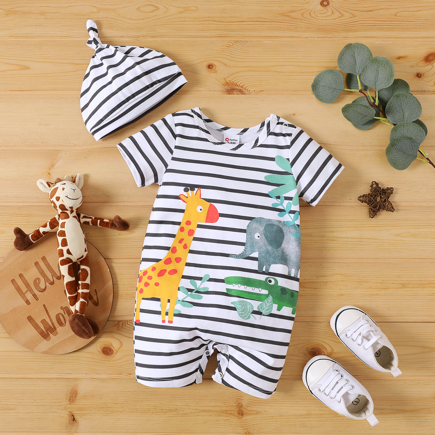 2pcs Baby Boy/Girl 100% Cotton Animal Print Striped Short-sleeve Romper & Hat Set
