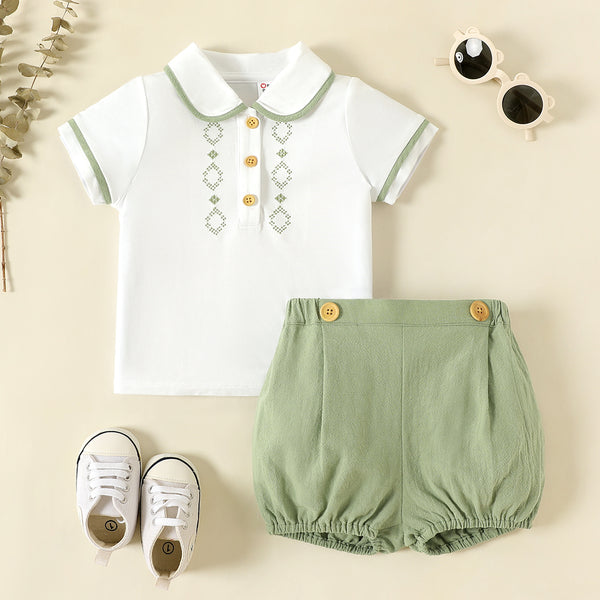 2pcs Baby Boy/Girl 100% Cotton Solid Shorts and Embroidered Short-sleeve Polo Shirt Set
