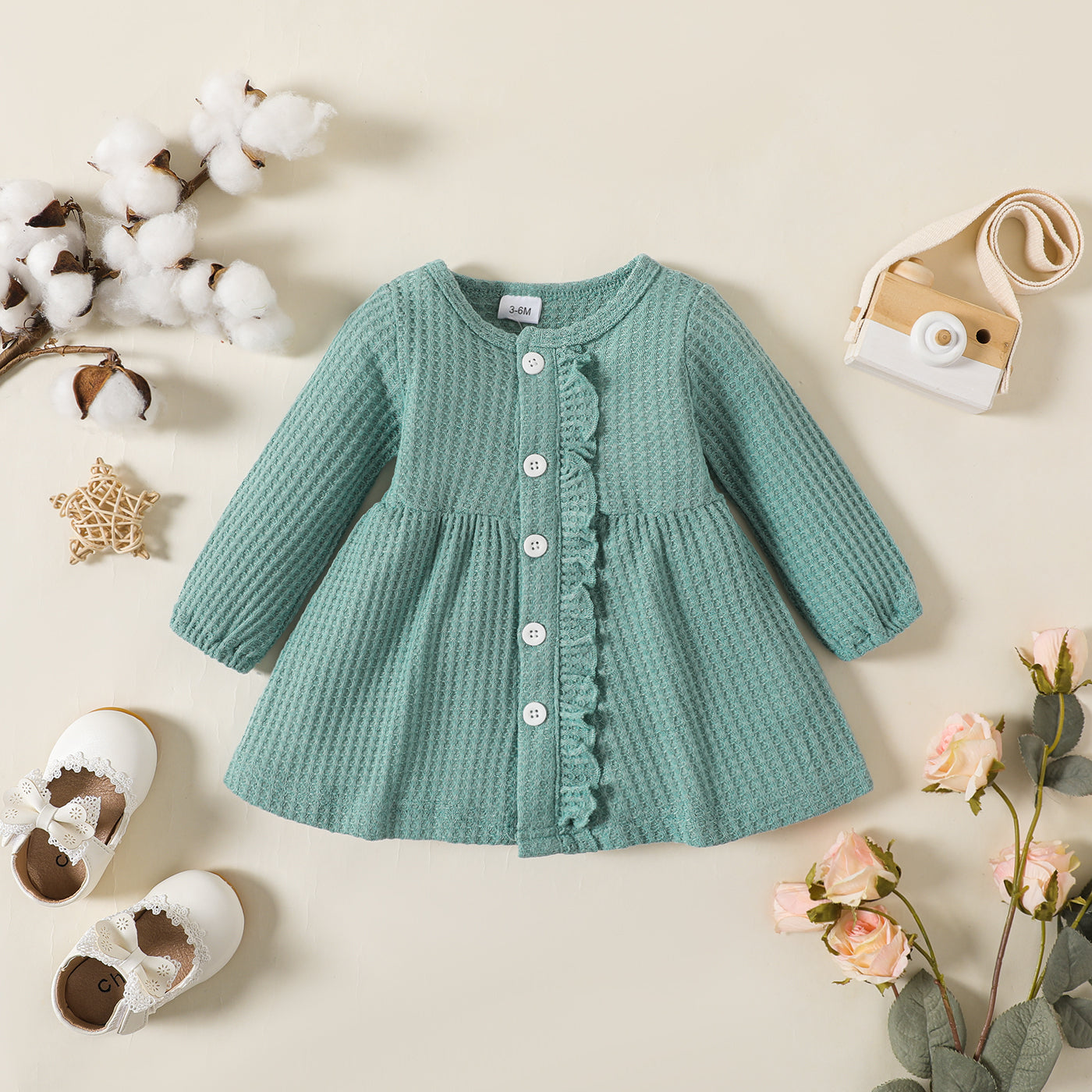 Baby Girl Solid Waffle Textured Ruffled Button Front Long-sleeve Dress