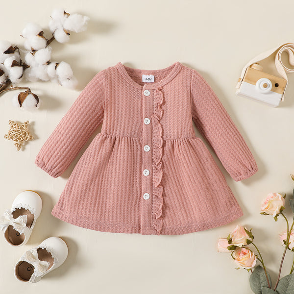 Baby Girl Solid Waffle Textured Ruffled Button Front Long-sleeve Dress