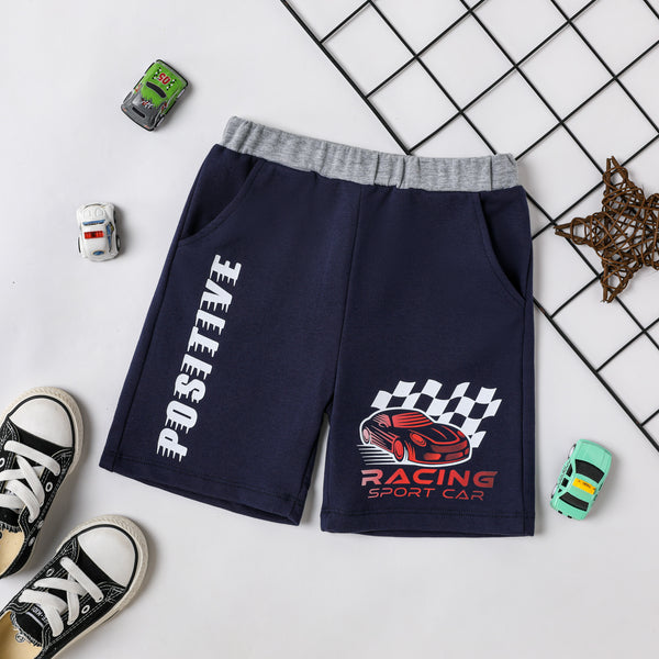 Toddler Boy Racing Car Print Elasticized Shorts