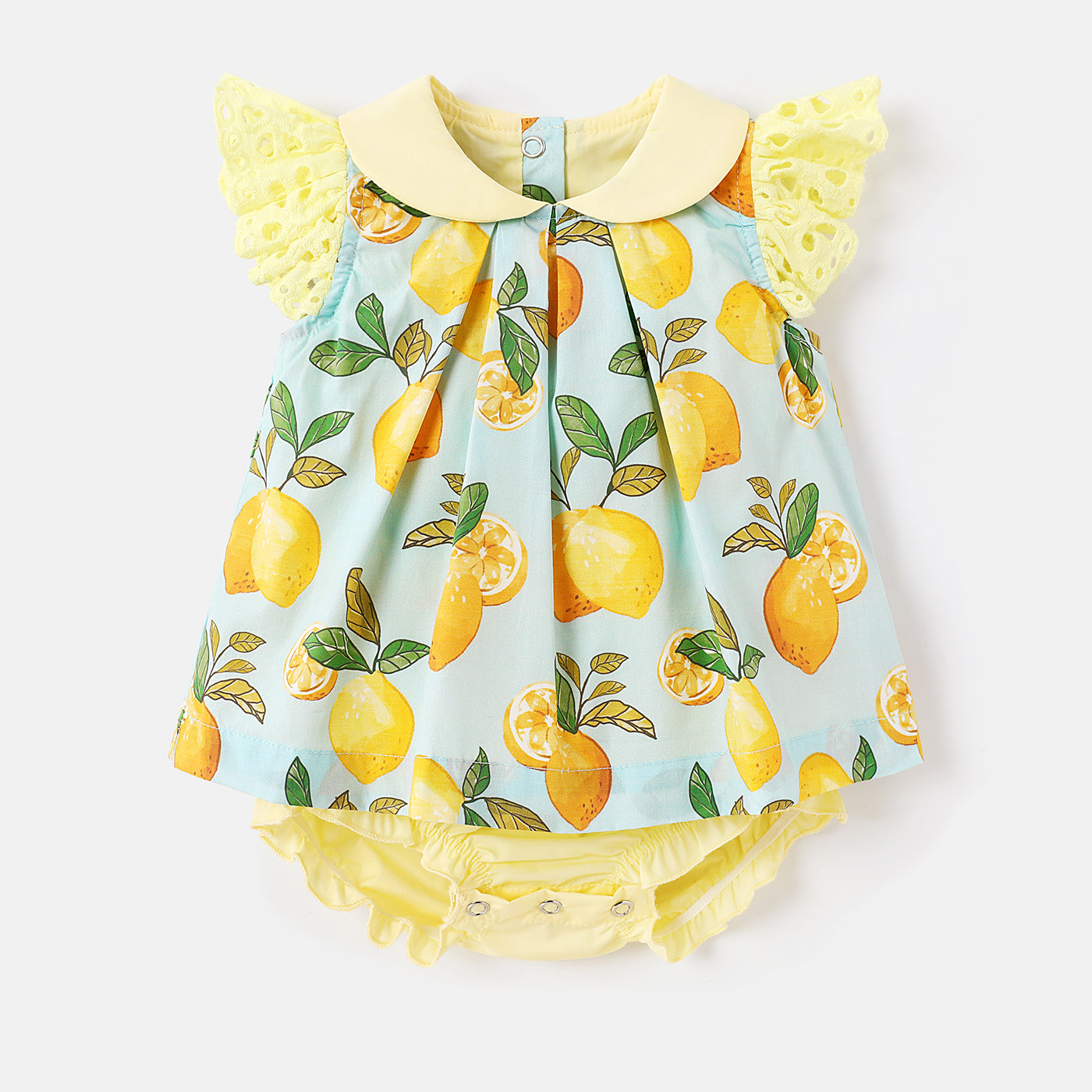 Baby Girl 100% Cotton Allover Lemon Print Peter Pan Collar Flutter-sleeve Romper