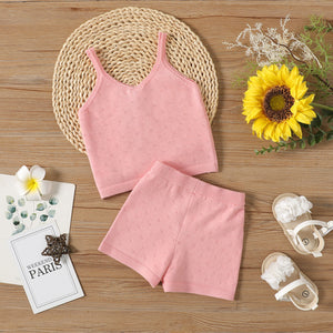 2pcs Baby Girl Pink Knitted Cami Top & Shorts Set