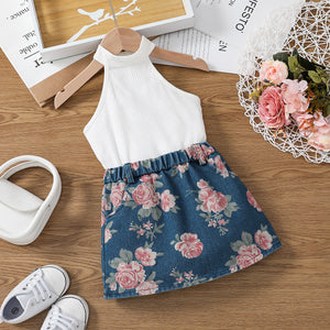 2pcs Toddler Girl Trendy Ribbed Cotton Halter Tank Top and Floral Print Skirt Set
