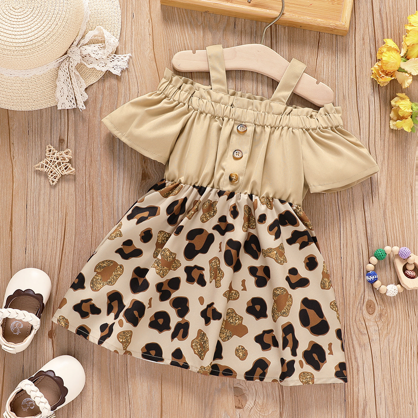 Baby Girl Cold Shoulder Short-sleeve Solid & Leopard Print Spliced Dress