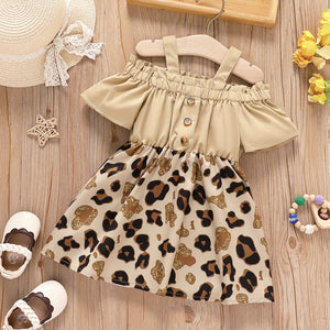 Baby Girl Cold Shoulder Short-sleeve Solid & Leopard Print Spliced Dress