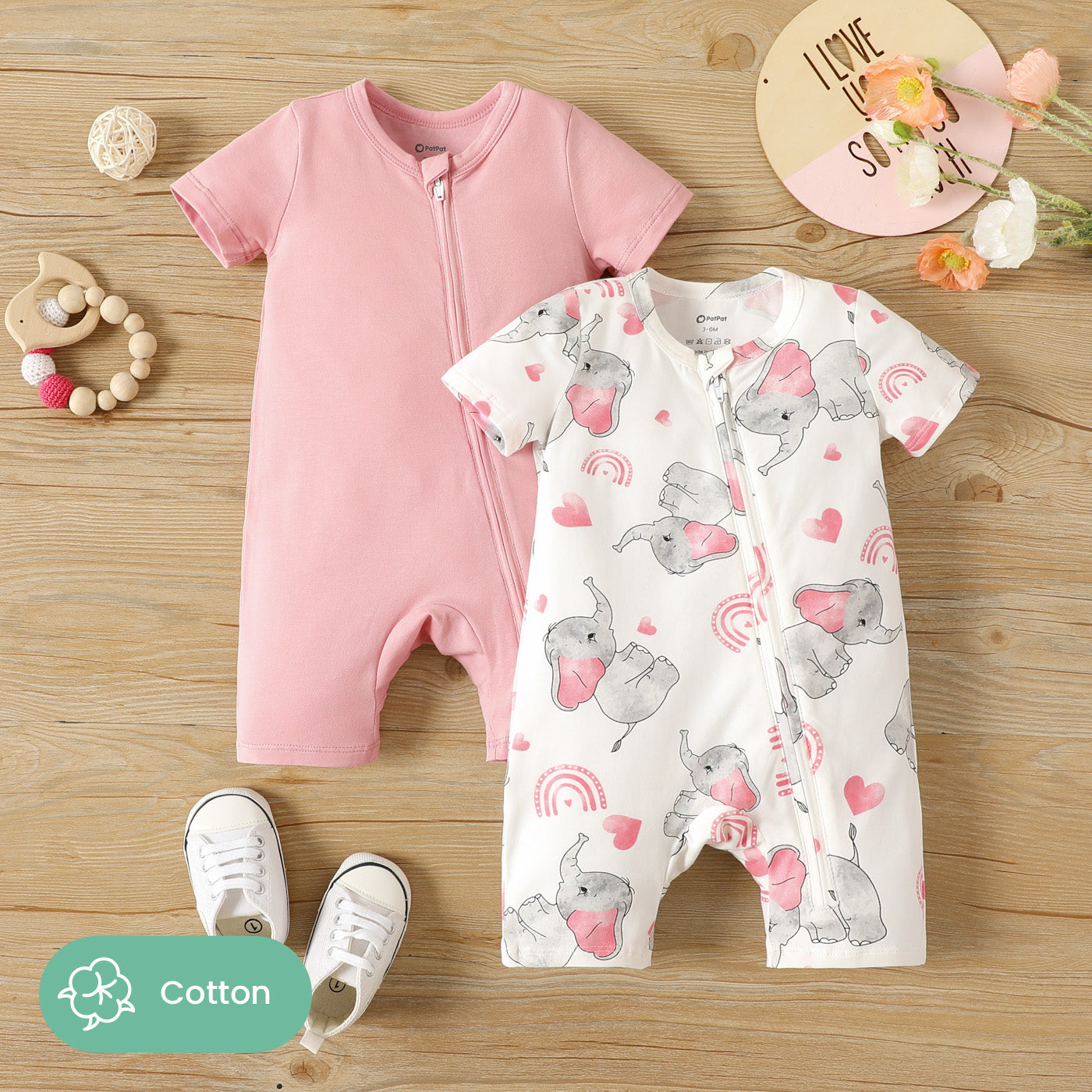2-Pack Baby Girl Cotton Elephant Print/Pink Zipper Design Short-sleeve Rompers