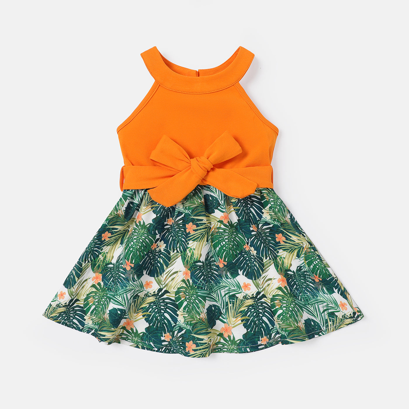Baby Girl Cotton Solid & Plant-print Spliced Belted Tank Dress