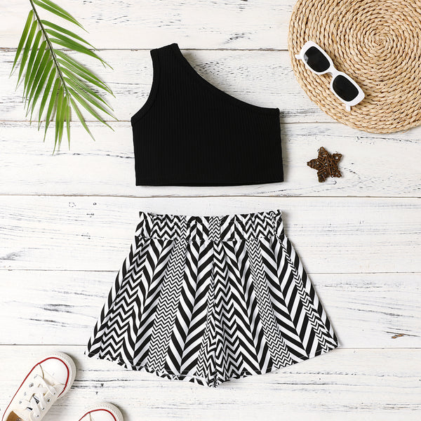 2Pcs Toddler Girl Cotton Cold Shoulder Tank Top and Geometry Print Shorts Set