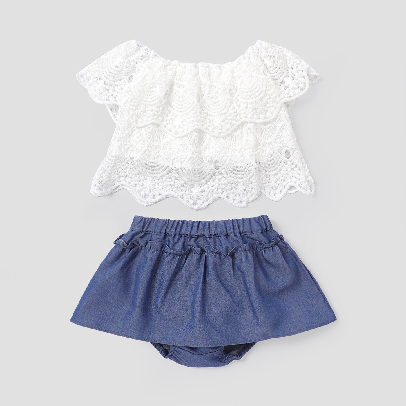 2pcs Baby Girl Solid Off Shoulder Lace Top and Shorts Set