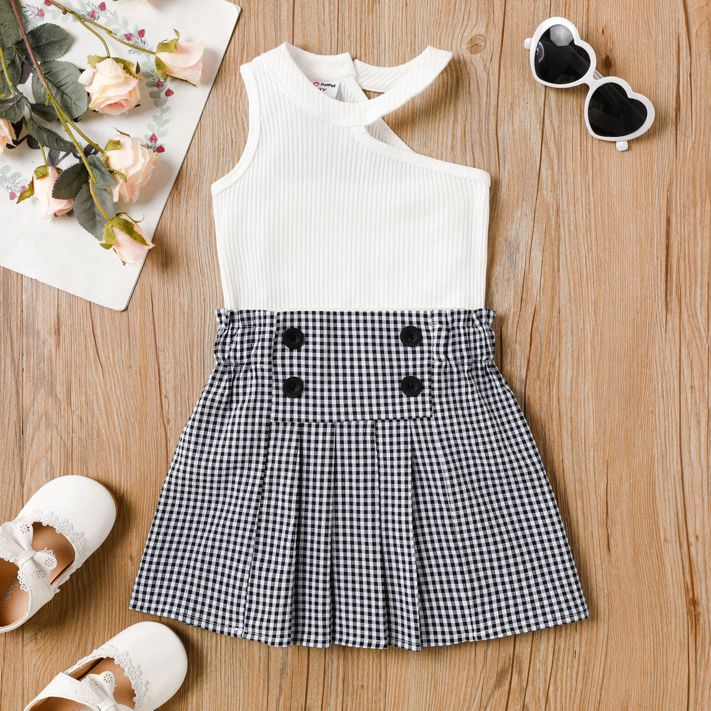 2Pcs Toddler Girl One-Shoulder Cotton Top and Button Decor Plaid Skirt Set