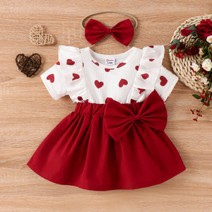 2pcs Baby Girl Heart Print Ruffled Short-sleeve Faux-two Bow Front Dress & Headband Set