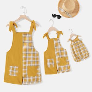 Mommy and Me 100% Cotton Plaid Spliced Sleeveless Rompers