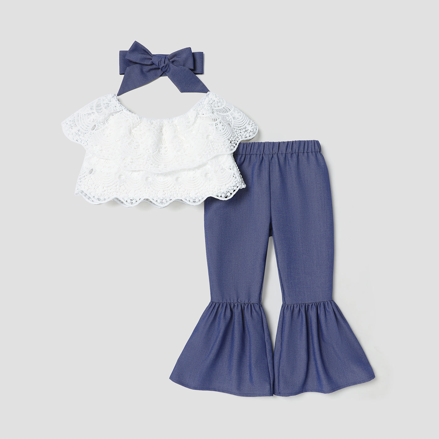 3Pcs Toddler Girl Bow Headband & Off-Shoulder Top and Flare Leg Pants Set