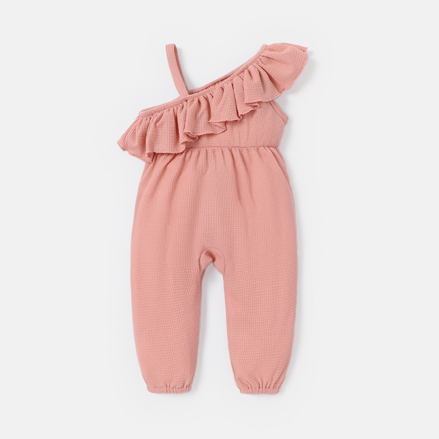 Baby Girl Pink Waffle Textured Ruffled One Shoulder Sleeveless Jumpsuit