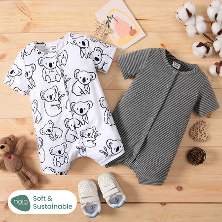 Naia? Baby Boy/Girl Grey Striped or Allover Bear Print Short-sleeve Romper US Sale