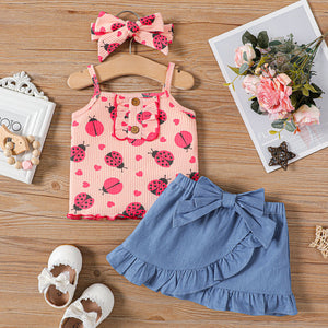 3pcs Baby Girl Cotton Ribbed Allover Ladybird Print Cami Top and Bow Decor Ruffled Skirt & Headband Set
