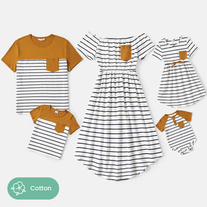 Family Matching 95% Cotton Striped Off Shoulder Belted Dresses and Short-sleeve Colorblock T-shirts Sets
