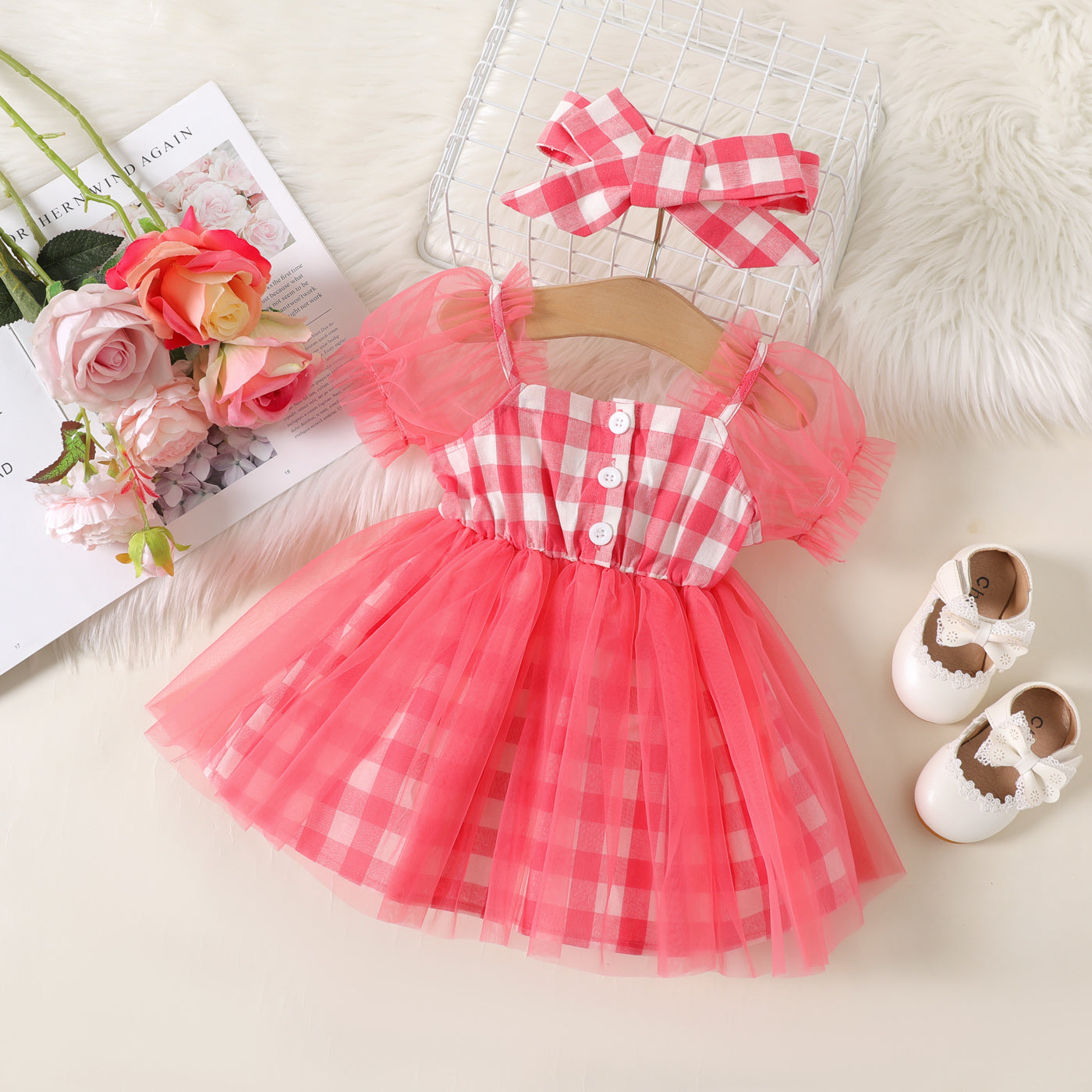 2pcs Baby Girl 100% Cotton Plaid Button Design Mesh Splice Short-sleeve Dress and Headband Set