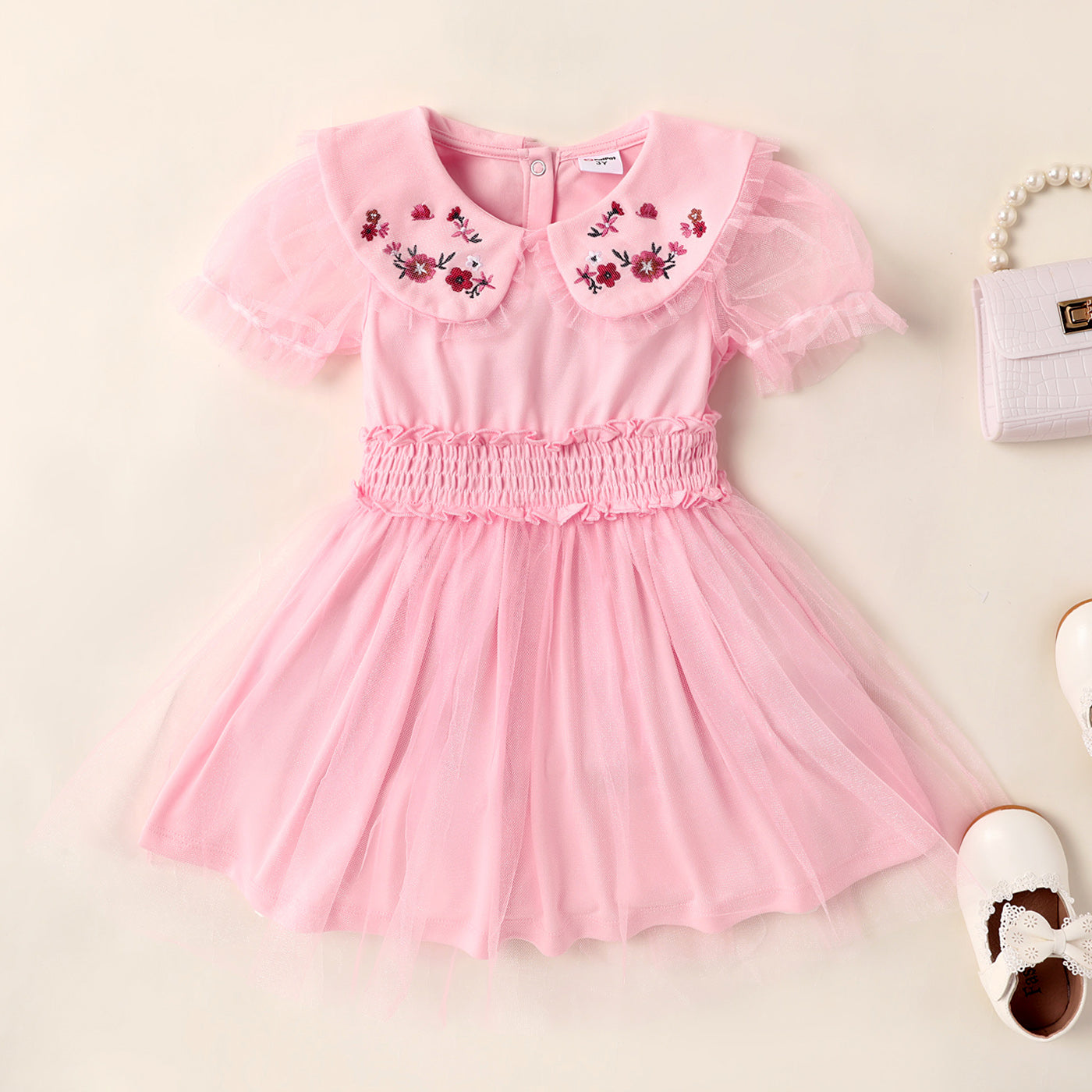 Toddler Girl Embroidered Statement Collar Puff-sleeve Mesh Dress