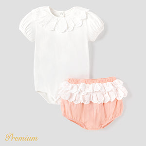 2pcs Baby Girl 100% Cotton Ruffled Shorts and Puff-sleeve Romper Set