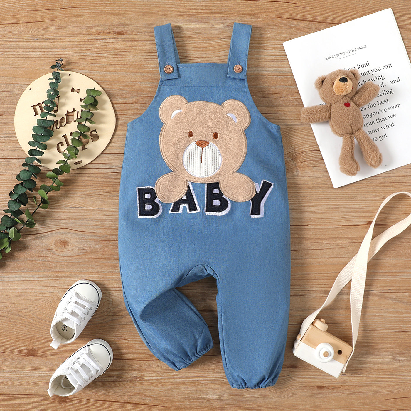 Baby Boy/Girl Bear & Letter Embroidered Overalls