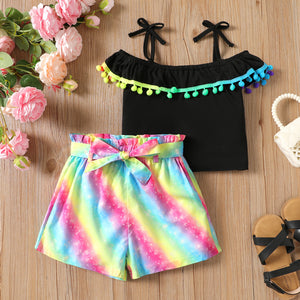 2pcs Kid Girl Pom Pom Decor Ruffled Camisole and Rainbow Belt Shorts Set
