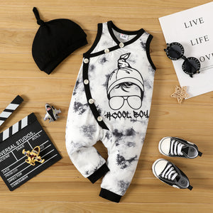 2pcs Baby Girl Button Front Graphic Print Tank Jumpsuit and Cotton Hat Set