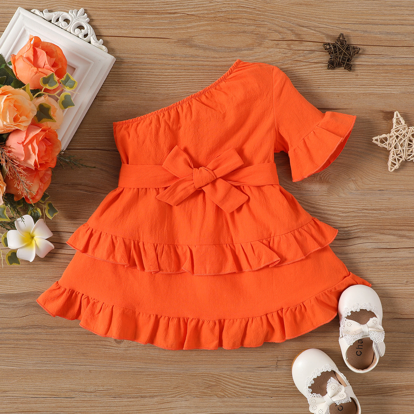 Baby Girl 100% Cotton Solid One Shoulder Flare-sleeve Belted Layered Ruffled Dress