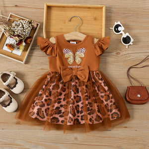 Baby Girl Cotton Cold Shoulder Flutter-sleeve Butterfly Graphic Spliced Leopard Print Mesh Dress