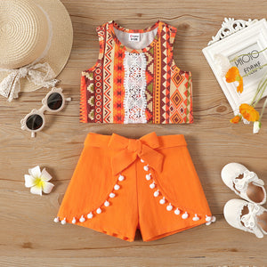 2pcs Baby Girl Lace Detail Allover Geo Print Naia? Tank Top and 100% Cotton Pom Poms Decor Belted Shorts Set