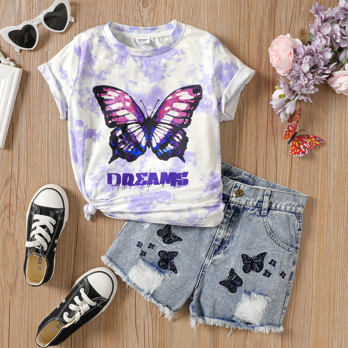 2Pcs Kid Girl Naia Butterfly Print Short-sleeve Tee & Ripped Denim Shorts Set
