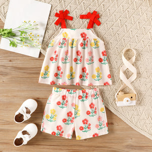 2pcs Toddler Girl Floral Print Bowknot Design Camisole and Elasticized Shorts Set