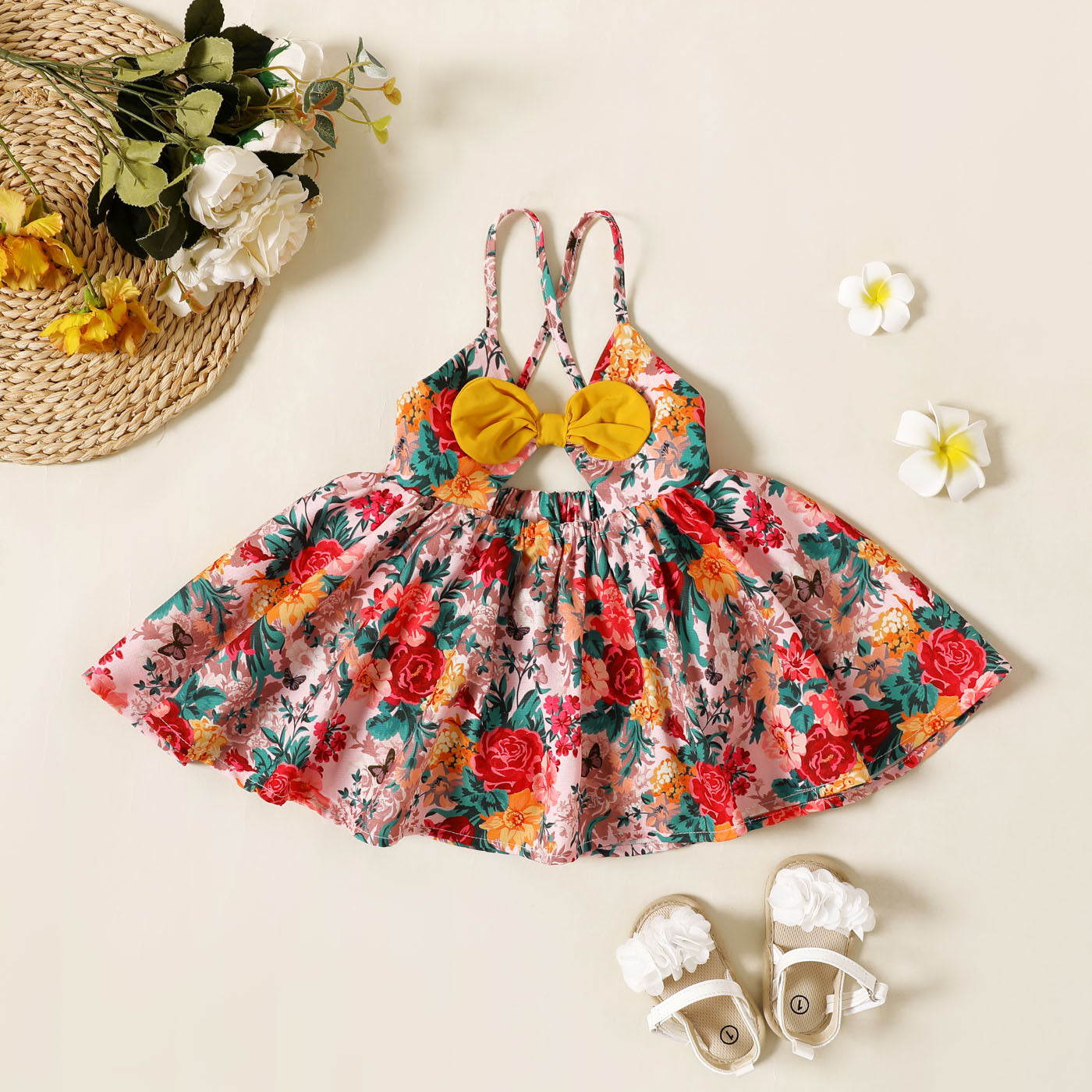 Baby Girl Contrast Bow Decor Allover Floral Print Cut Out Cami Dress