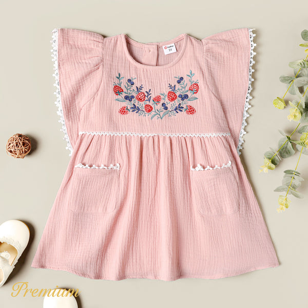 Toddler Girl 100% Cotton Crepe Floral Embroidered Lace Detail Ruffle-sleeve Dress